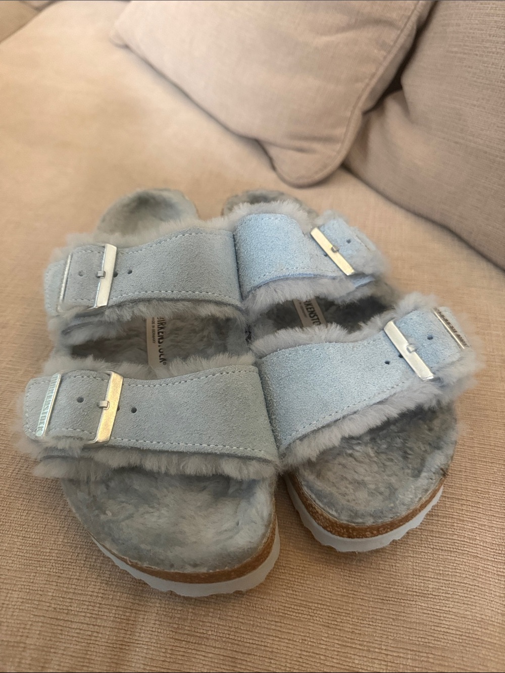Birkenstock Women's Light Blue Faux Fur Double Strap Sandals